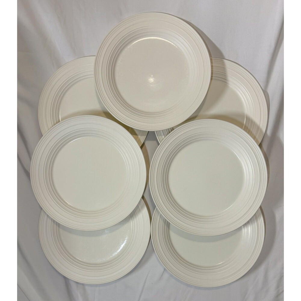Mikasa Swirl White 10.75” Dinner Plates – Set of 7 – Stoneware – Modern Ribbed